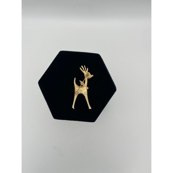 Christmas Reindeer Brooch Gold Tone Red Green Accents 2.5" - Picture 5 of 8